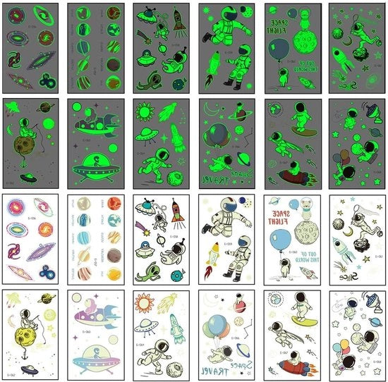 Tatuaggi per Bambini - 12 Fili - Tema di Spazio - Tatuaggi Fluorescenti - Tatuaggi Temporanei - Sicuri e Duraturi