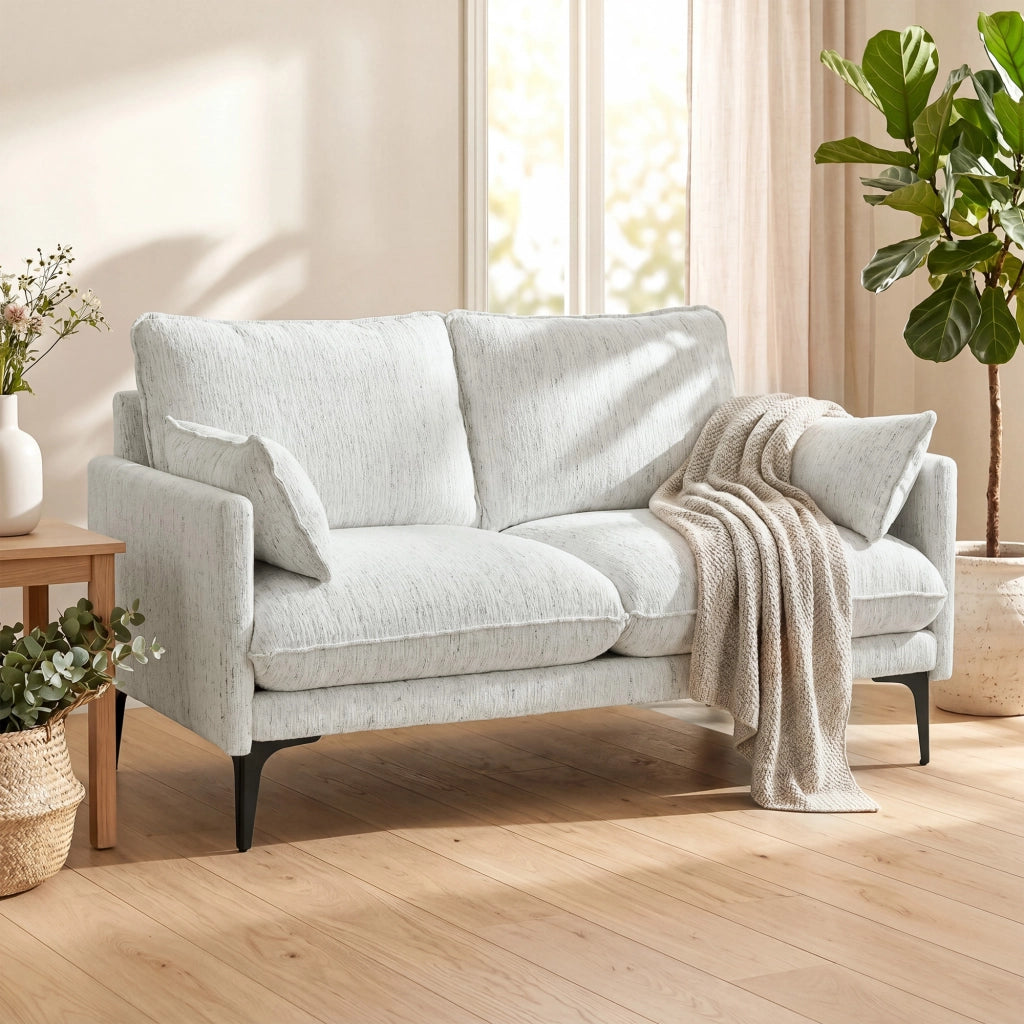 Divano 2 Posti 131x78x83 cm con Braccioli Imbottitura Spessa e 2 Cuscini in Tessuto Bianco