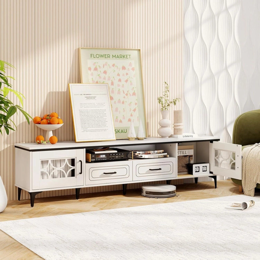 Mobile TV per TV fino a 80", supporto TV con scomparti aperti, armadi laterali e cassetti, 180,5 x 35 x 46 cm, porte con piano in PVC, per soggiorno, camera da letto (bianco)