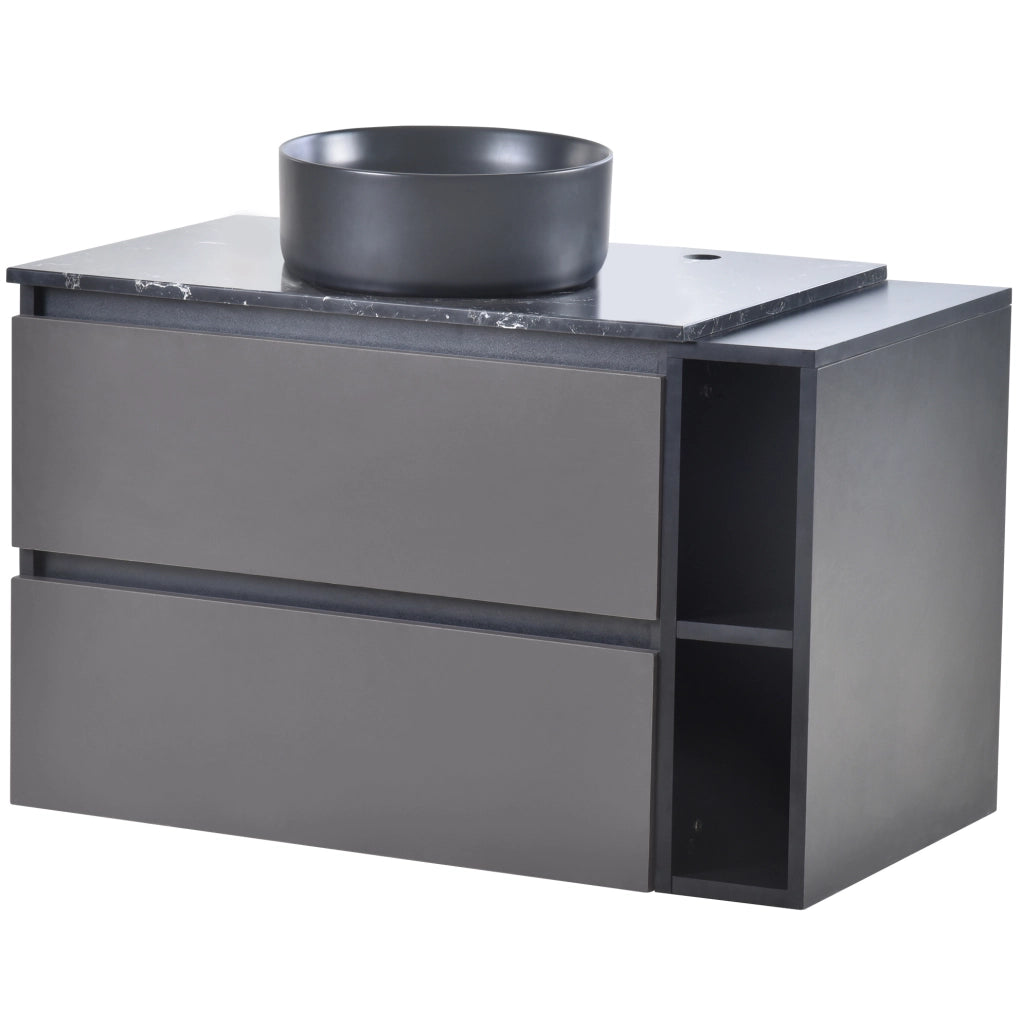Mobile bagno ULEVR con lavabo rotondo nero in ceramica, cassetti e vano aperto, MDF nero e grigio