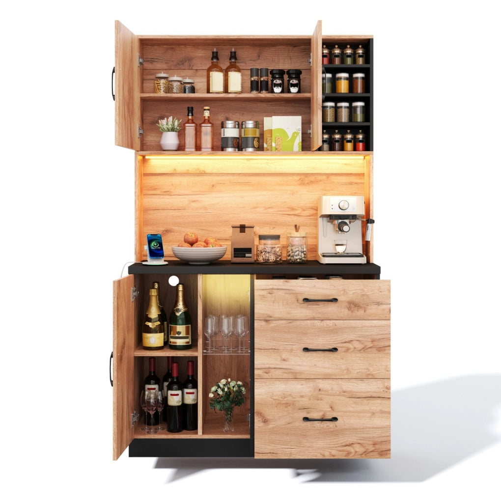 Credenza cucina alta in MDF con LED; 3 cassetti; prese EU e USB; nero e effetto legno