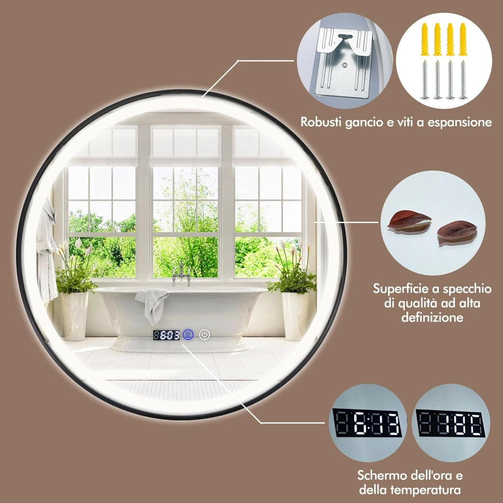 Specchio da Bagno a LED 60x60cm Rotondo, Specchio a Parete con Luce a 3 Colori, 3000-6500K, Dimmerabile, Funzione Anti-appannamento e Memoria, Lettura di Tempo e Temperatura e Antideflagrante