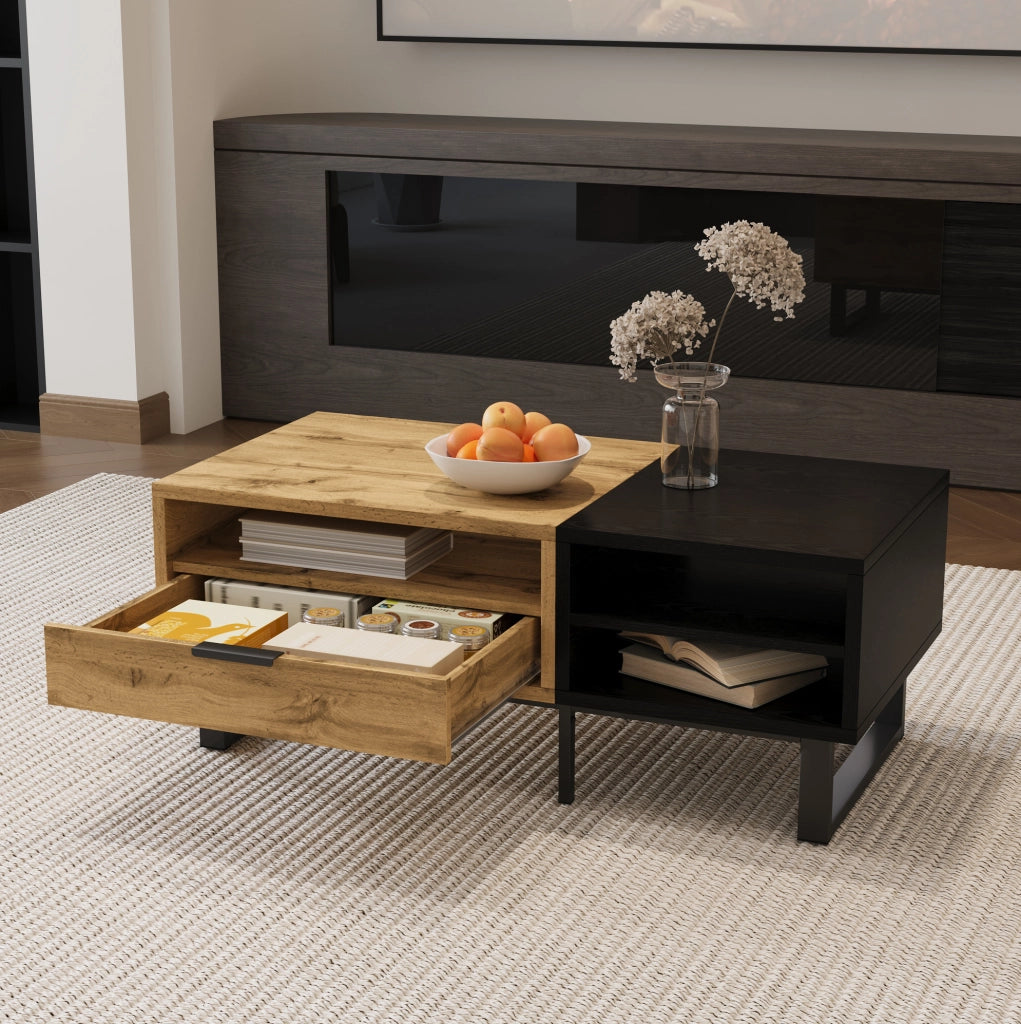 Tavolino da caffè 100×50×40 cm in legno naturale e nero con 3 vani e cassetto