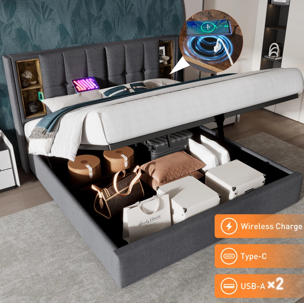 Letto matrimoniale imbottito 160x200 cm grigio con ricarica wireless; USB e contenitore; con materasso