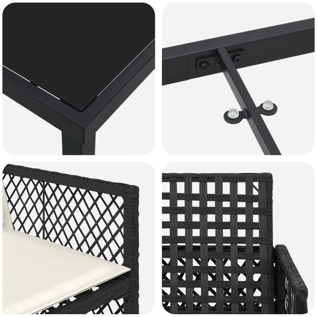 Set pranzo giardino 5 pezzi con cuscini in polirattan nero
