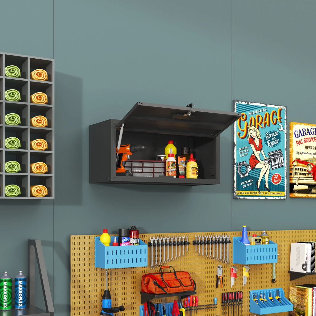 Armadio da parete in metallo con serratura, mobile contenitore per garage e officina, nero, H34,5 × L75 × P30 cm
