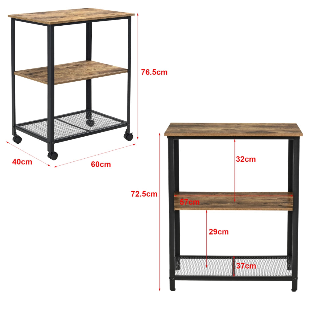 Carrello da Servizio Freiburg a 3 Piani con Ruote Rimovibili 77x60x40 cm - Nero / Color Legno Scuro [en.casa]