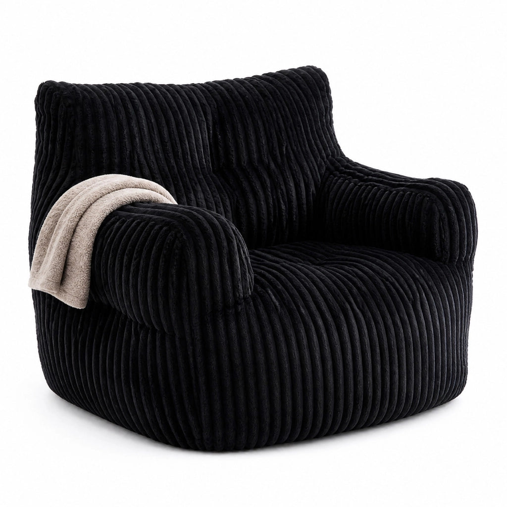 Pouf sacco imbottito in morbido corduroy nero, 100 × 94 × 70 cm, portata 110 kg