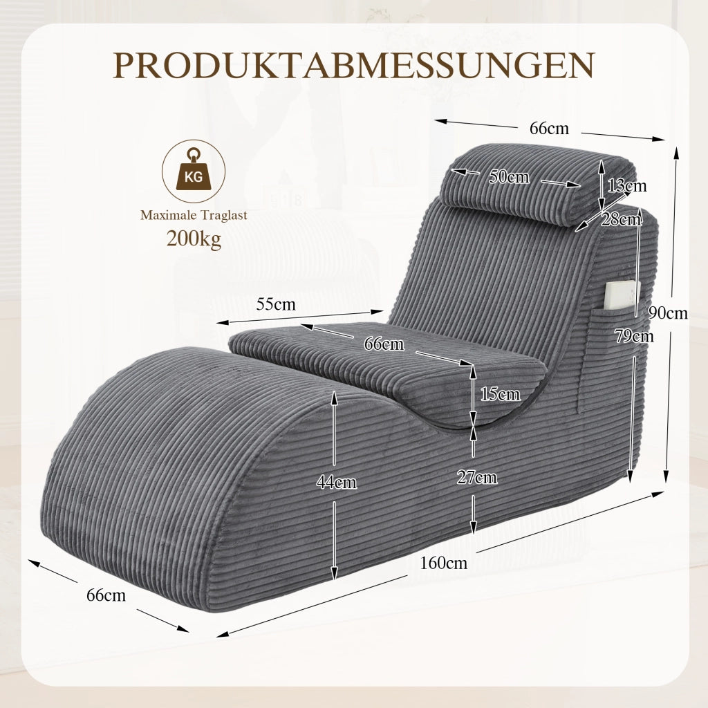 Poltrona relax ergonomica con tasca laterale e cuscino rimovibile design compatto in velluto a coste grigio scuro