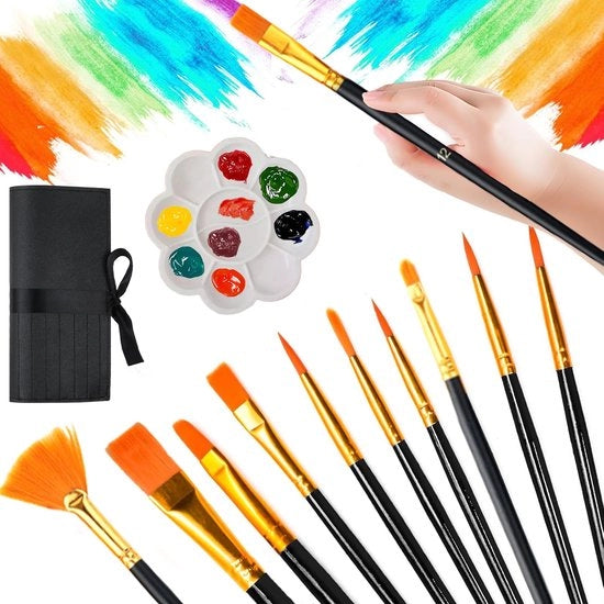 Set di pennelli acrilici premium a 10 pezzi - pennelli nylon - set di pennelli per tela - paletta di colori - set di pennelli per artisti - set di pennelli a forma di U - kit di pennelli acrilici