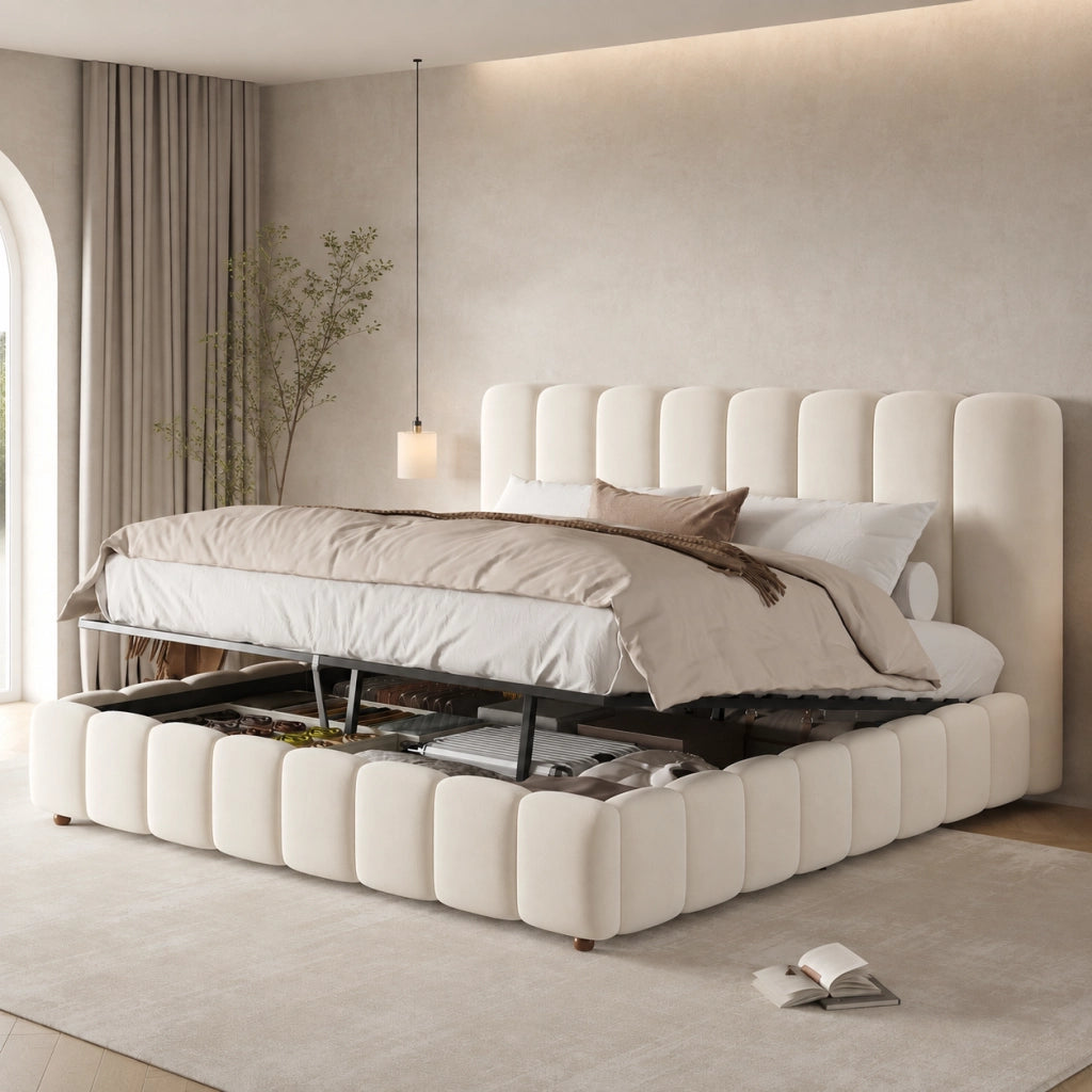 Letto Contenitore 180x200 cm; Letto Matrimoniale - Contenitore idraulico; in Velluto Beige