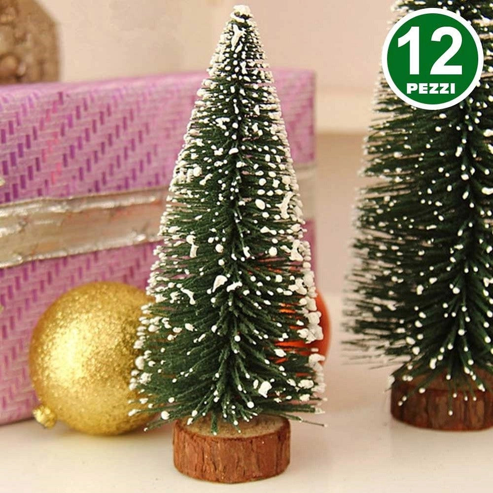 Trade Shop - Set 12 Alberelli Innevati Mini Albero Natale 10cm Decorazioni Addobbi Natalizi -