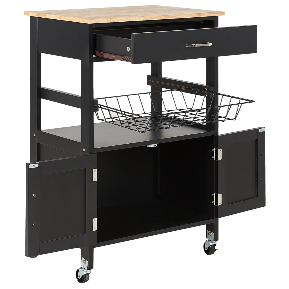 Carrello da cucina nero e legno chiaro con cassetto e armadietto