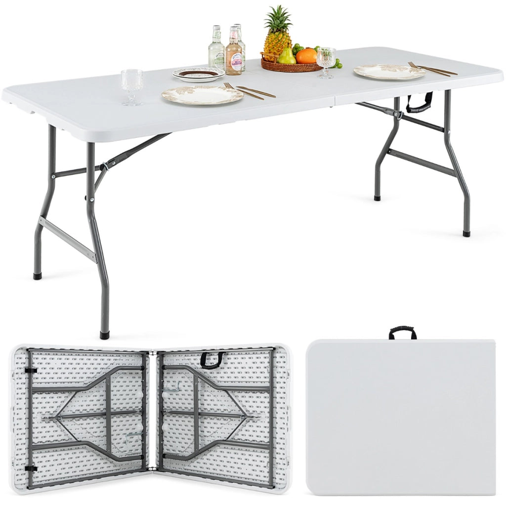Tavolo in plastica rinforzato con maniglia per picnic in metallo e piedini antiscivolo-Tavolo da pranzo pieghevole 180 CM Bianco