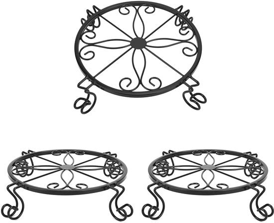 Stand per piante in metallo per vasi di fiori, contenitore per piante robusto in acciaio inossidabile per interni ed esterni, sostegni rotondi per contenitori per piante, 3-pack (nero)
