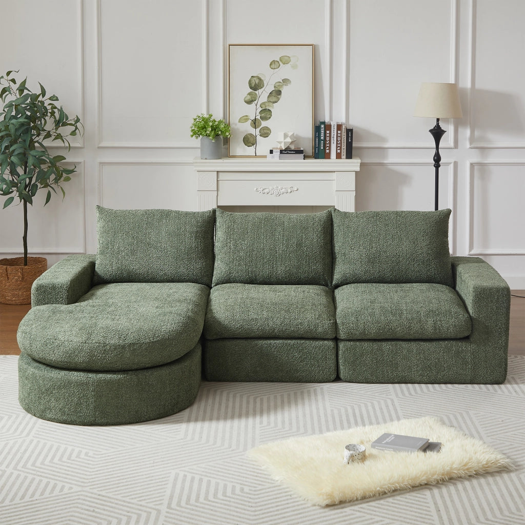 Divano angolare modulare in ciniglia con chaise longue reversibile, cuscini per il collo e verde 251 × 160 × 81 cm