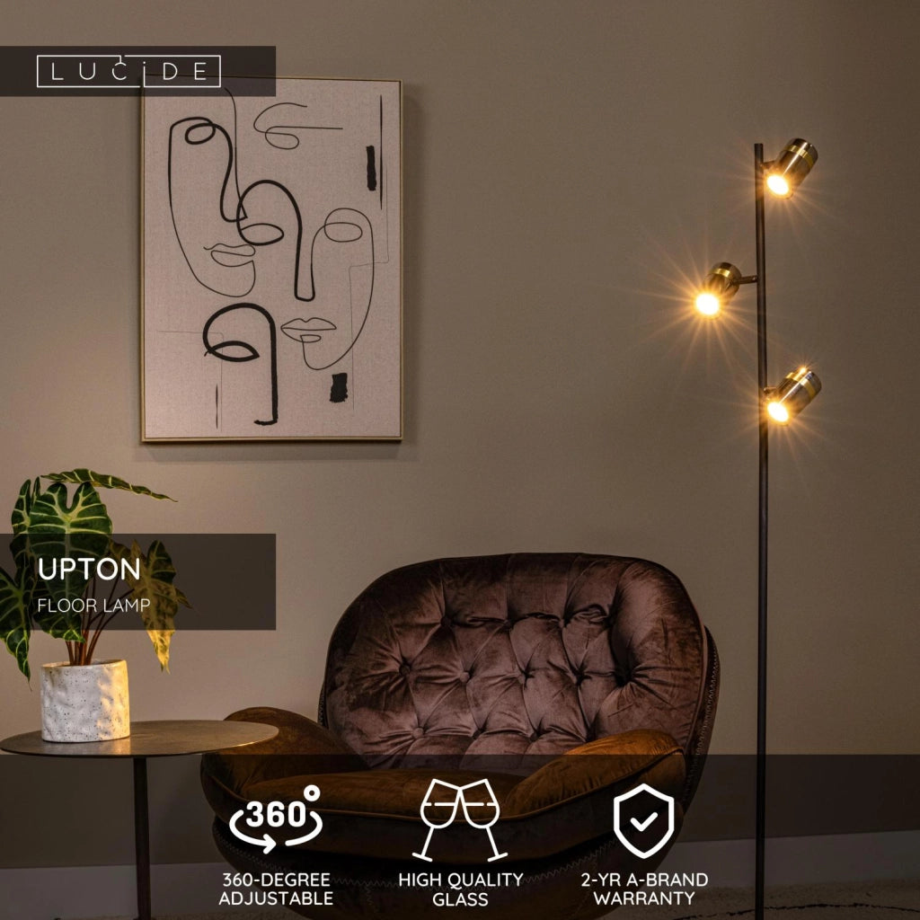 Lampada da terra UPTON 3 luci nero/oro vetro fumé Lucide