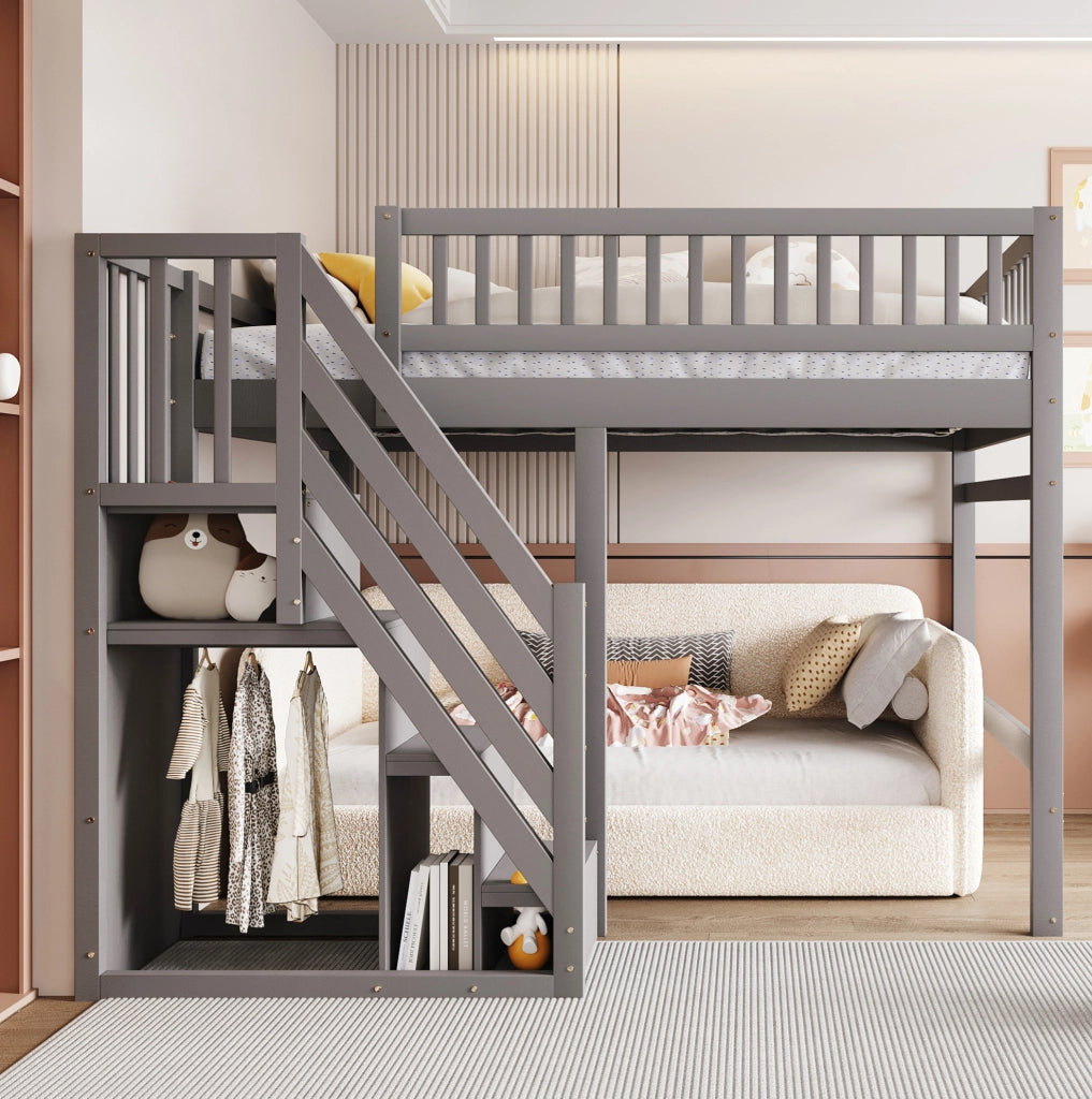 Letto a soppalco 140x200 cm con scala contenitore in legno grigio