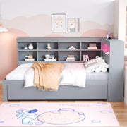 DESMIU Letto matrimoniale 140 × 200 cm 2 posti con USB, LED, ripiani e vani, senza materasso, in legno, grigio