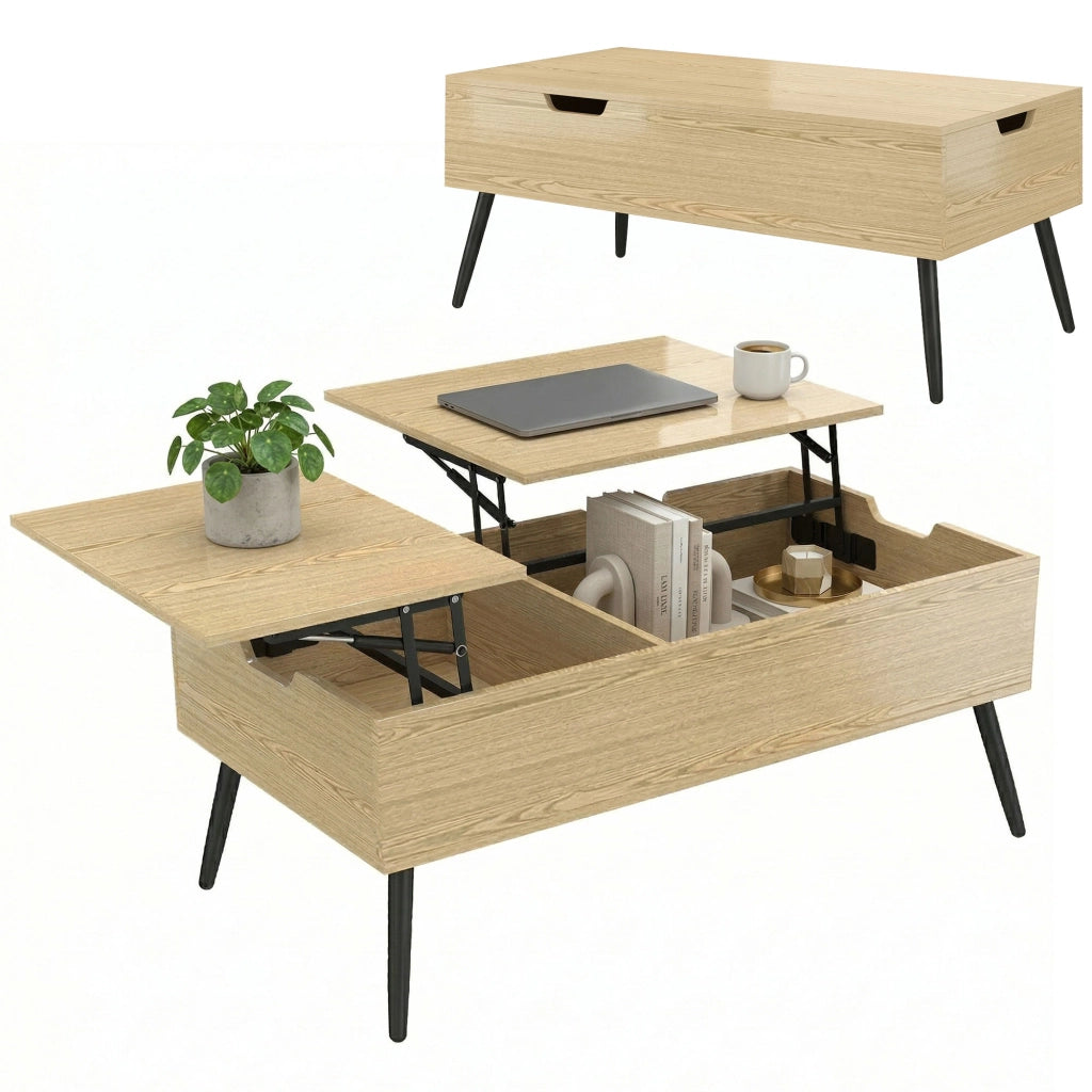 Tavolino da caff¨¨ con doppio piano e ripiano nascosto ¨C zephmum ¨C legno naturale, gambe in metallo