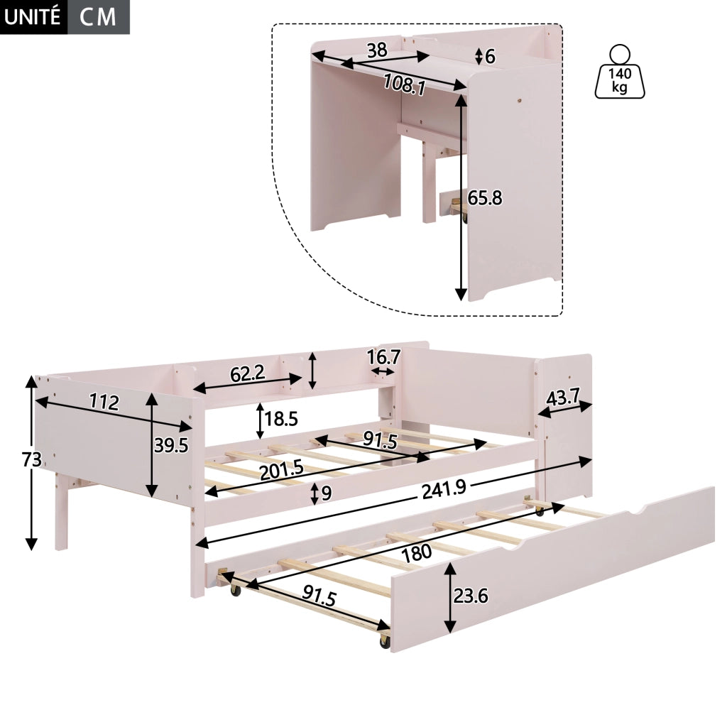 OKWISH Letto estraibile 90×200 cm, Letto Singolo con Letto estraibile, Scrivania e 3 Mensole, senza Materasso, in Pino e MDF, Rosa