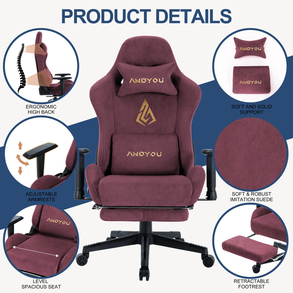 Sedia da gaming con poggiapiedi, regolabile e girevole, rosso ¨C zephmum