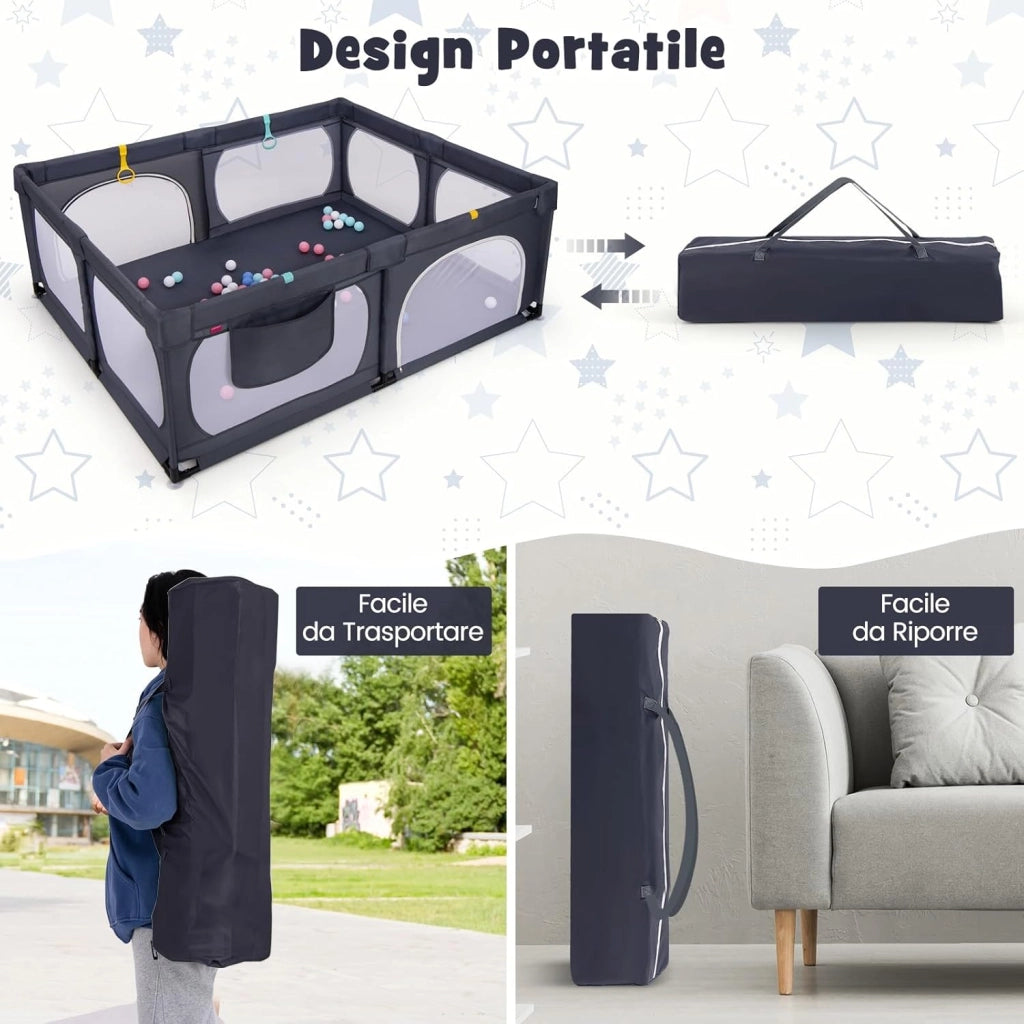 Recinto per Bambini, Box per Bambini con Rete Traspirante, Centro Attività per Bambini con 50 Palline, Box Giochi per Bambini 0-3 Anni (Grigio Scuro, 189 x 158 cm)