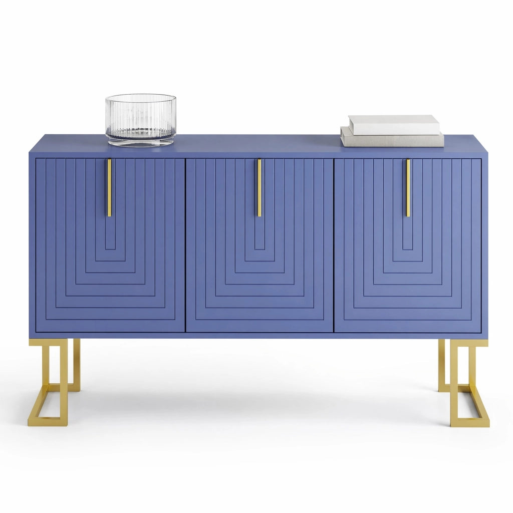 Credenza moderna 3 ante blu navy con ripiani regolabili; maniglie dorate e base in metallo