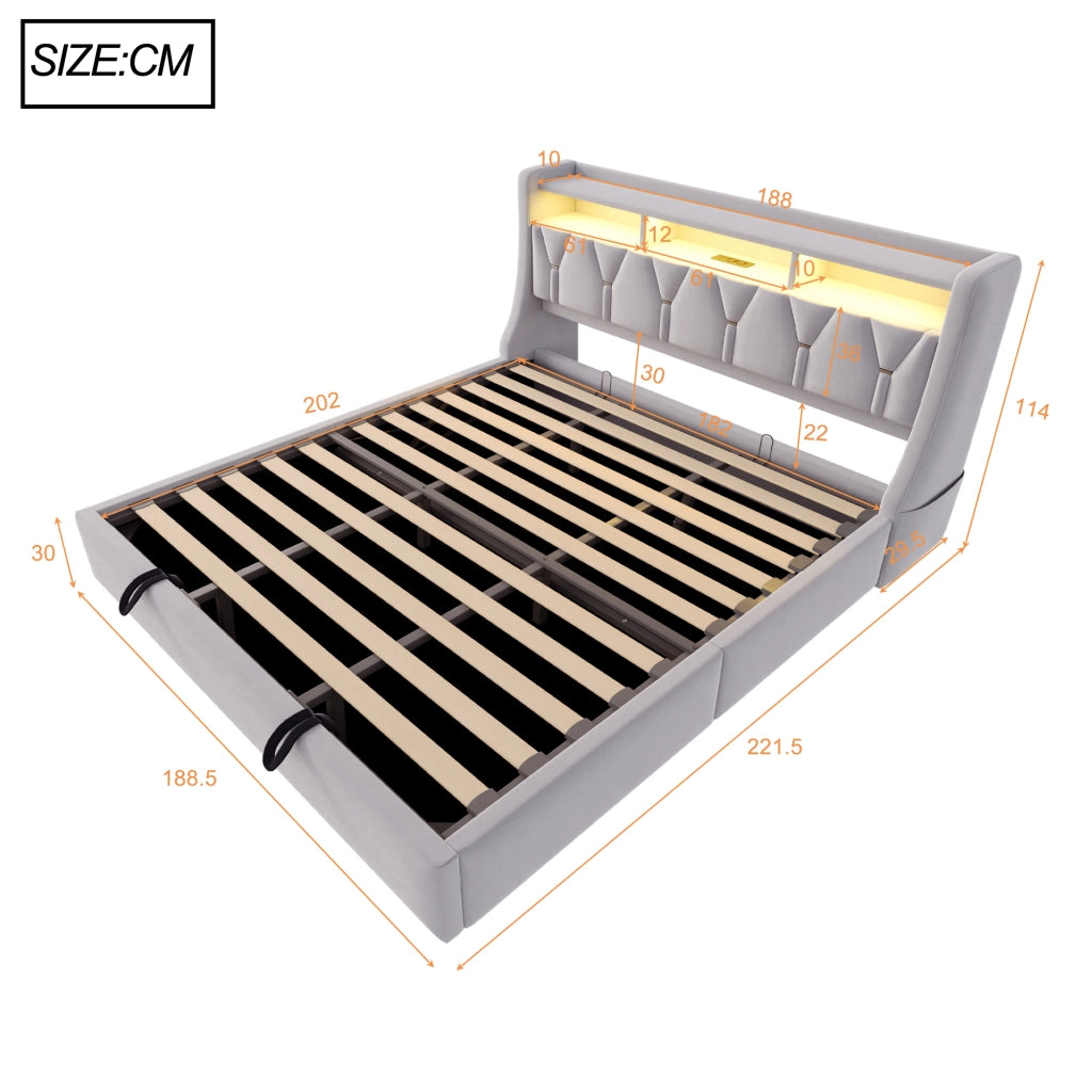 LETTO imbottito 180x200 cm in velluto grigio chiaro con testiera pieghevole e LED