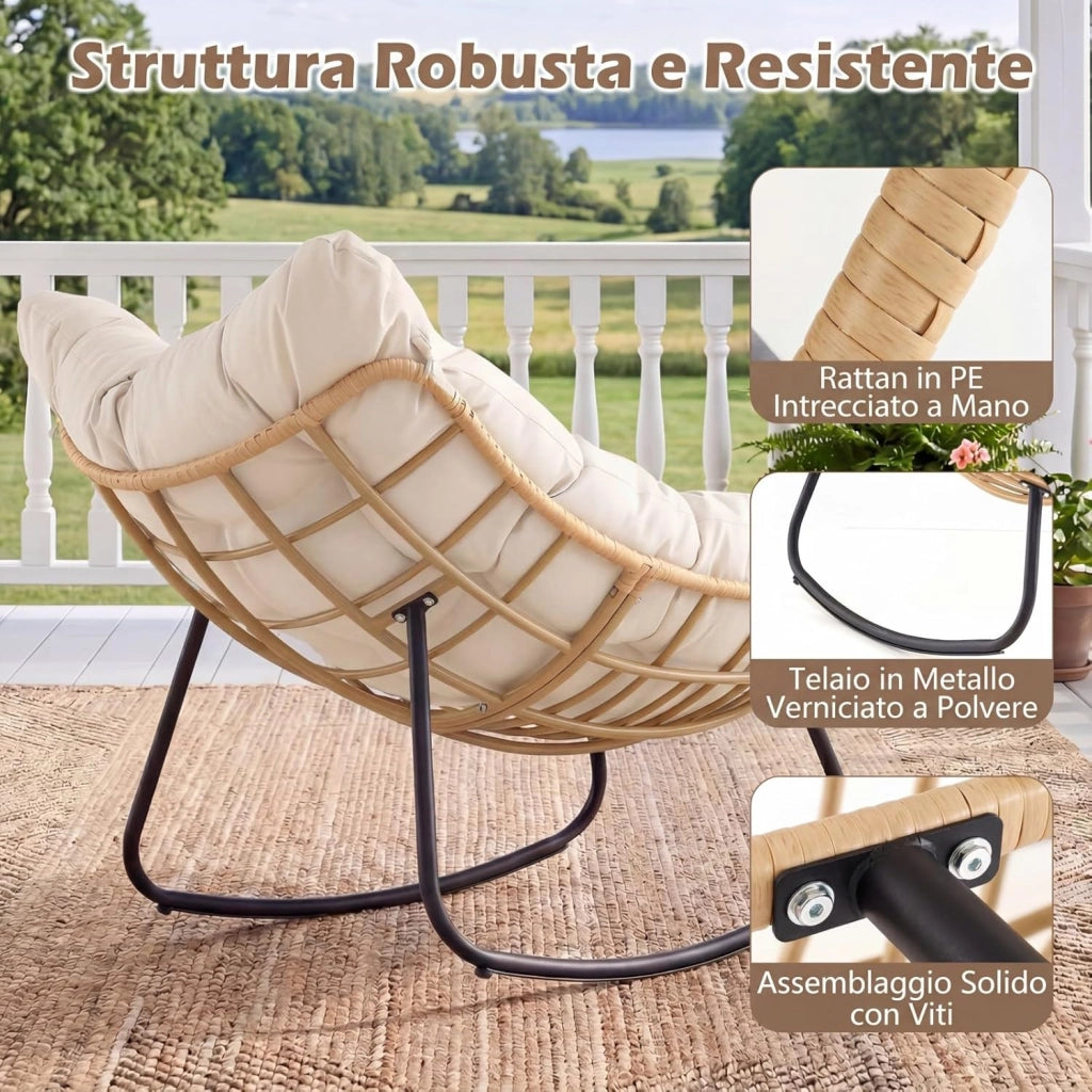 Sedia a Dondolo da Interno ed Esterno, Poltrona a Dondolo con Cuscino Rimovibile, Poltrona Relax in Rattan con Struttura in Metallo per Soggiorno, Cortile e Giardino, Portata 140 kg (Bianco)