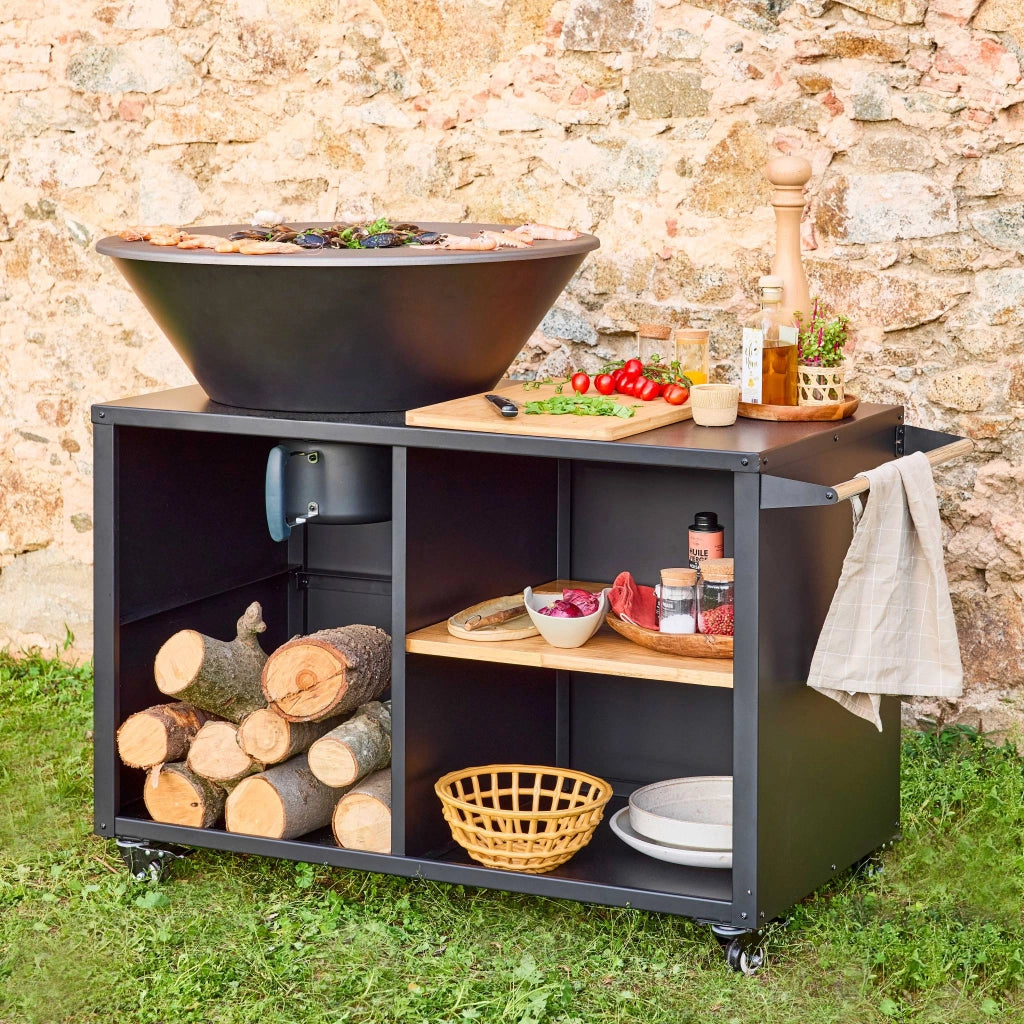 Braciere barbecue su carrello con vano portaoggetti, ø80cm, nero