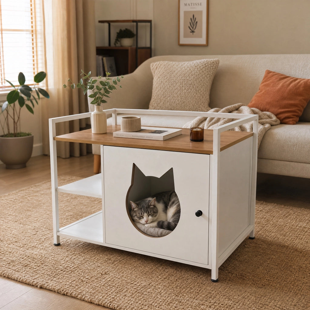 Mobile Lettiera per Gatti 76×54×59 cm con Ingresso a Testa di Gatto; 2 Ripiani e Tavolino; Bianco Rovere