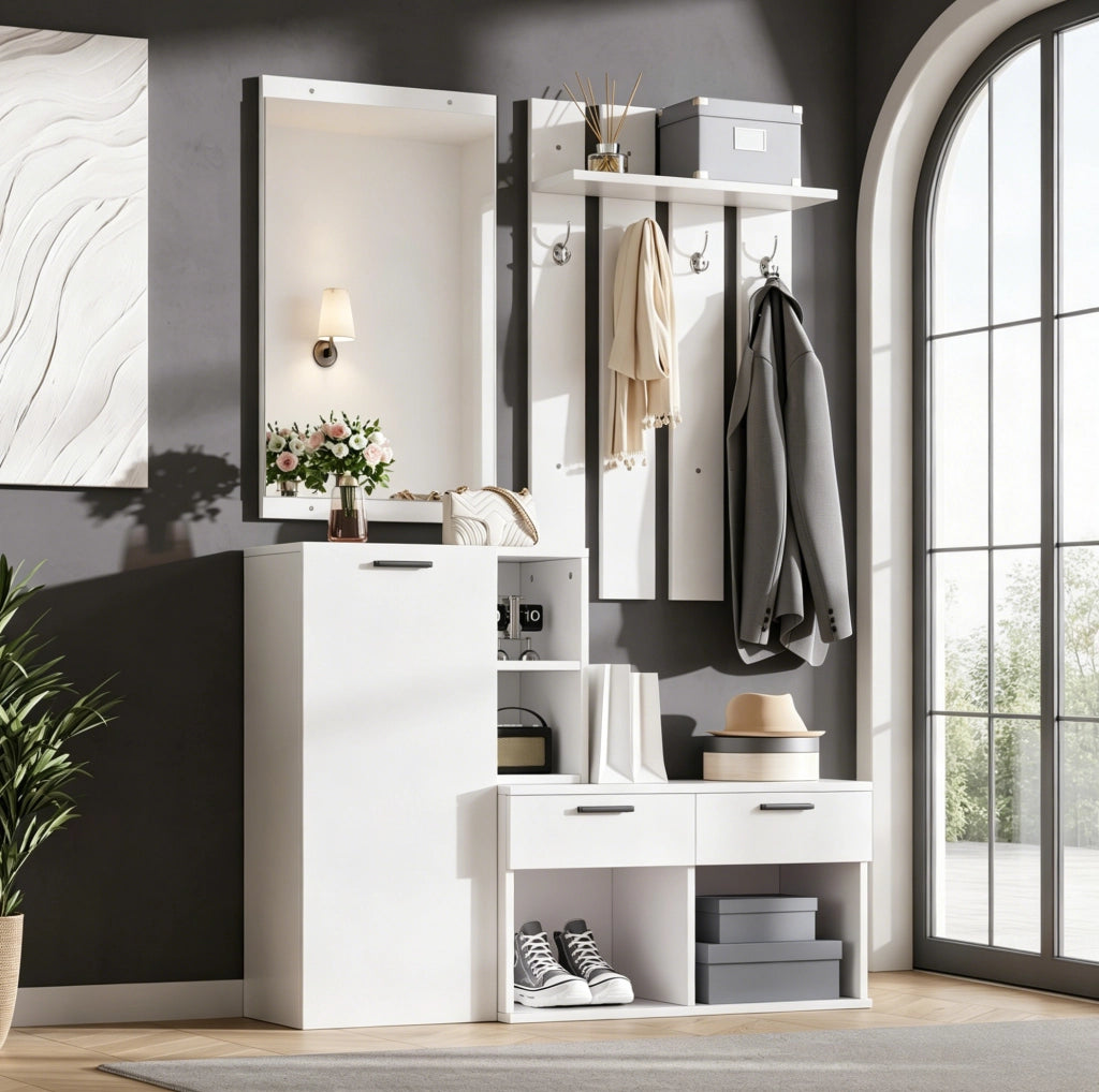 Mobile ingresso con specchio; scarpiera; ganci e 2 cassetti; 120x35x175;5 cm; bianco