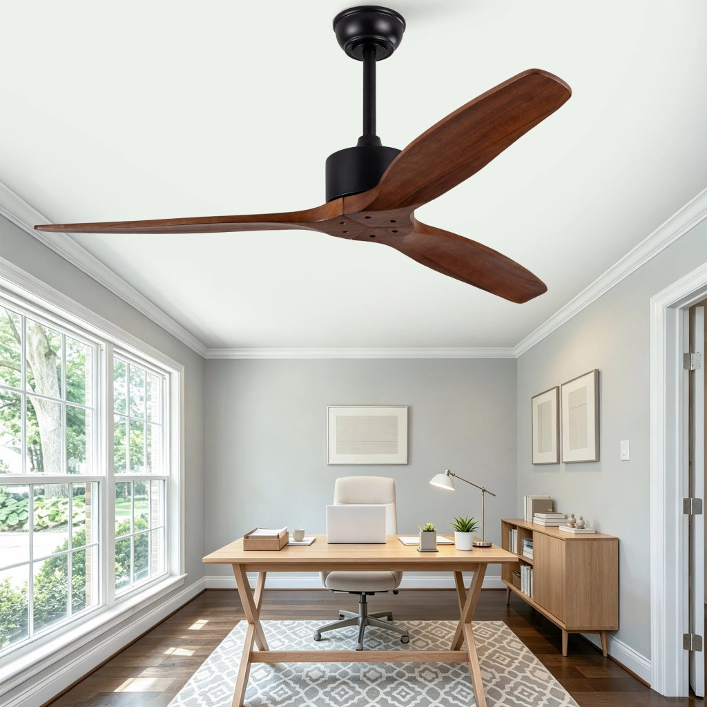 Ventilatore da soffitto 52 pollici senza illuminazione con telecomando, 3 pale legno massello, motore DC reversibile silenzioso, design moderno