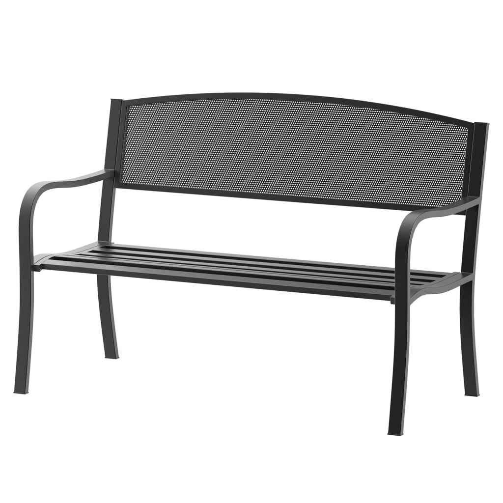 Panchina Da Giardino In Acciaio Panca Da Esterno Elegante 2-3 Posti Con Schienale Traforato E Braccioli Resistente Alle Intemperie Per Terrazzo Patio E Giardino 127 x 60 x 85 Cm Nero