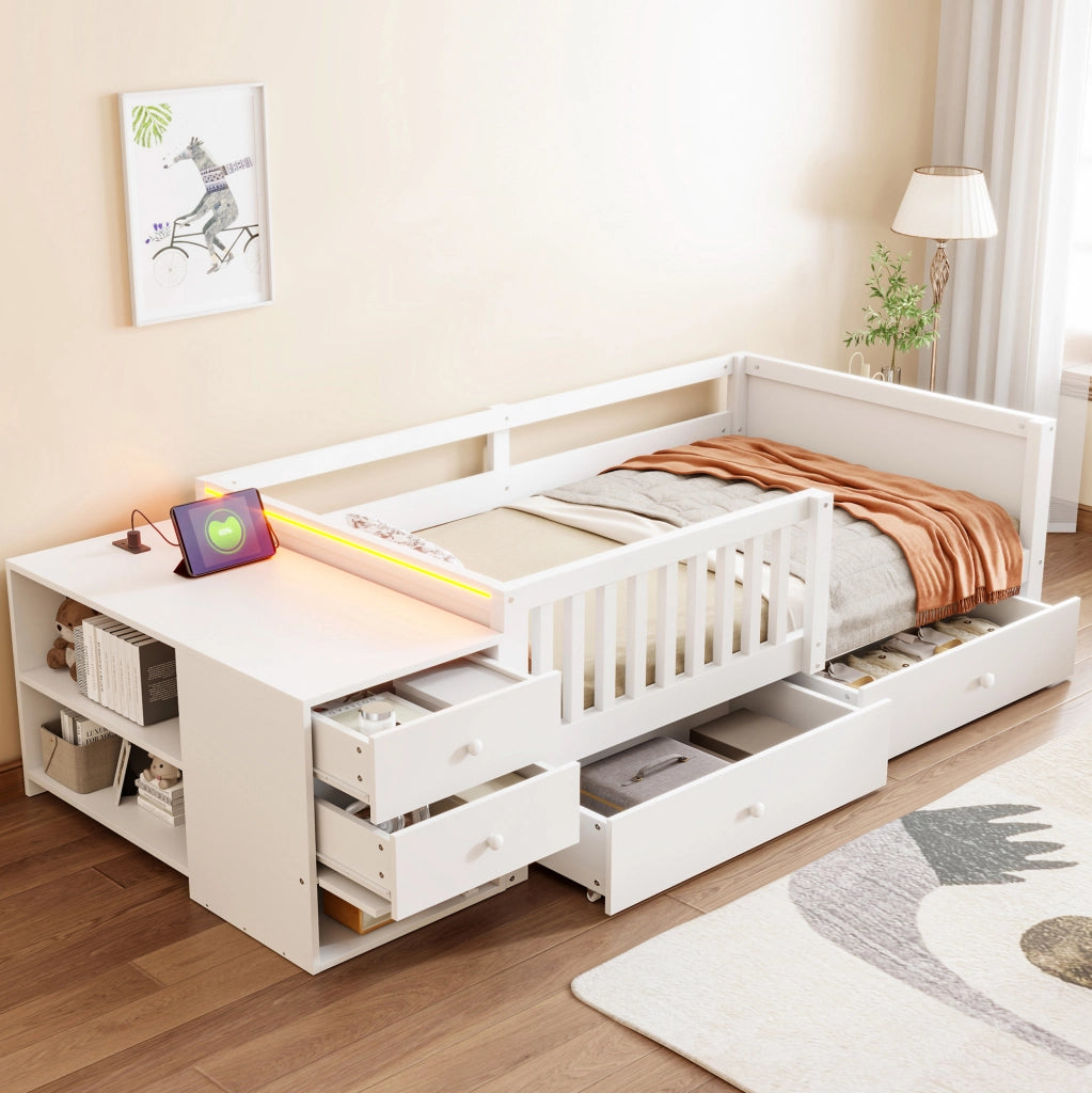 Letto a soppalco per bambini 90x200 cm con contenitore separato, prese elettriche, LED e cassetti, bianco