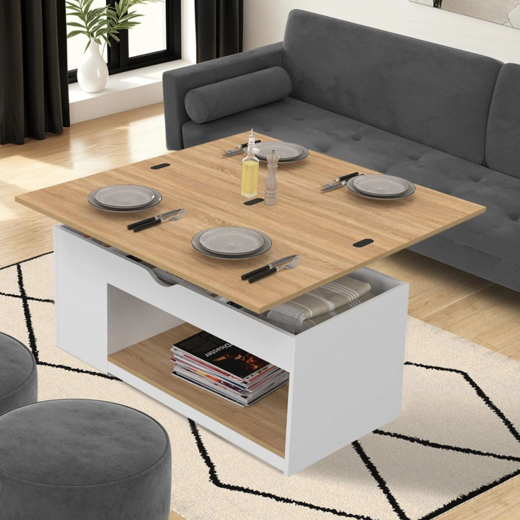 Tavolino rettangolare con piano sollevabile, trasformabile in tavolo da pranzo ELEA, 100 cm, legno bianco e impiallacciato faggi