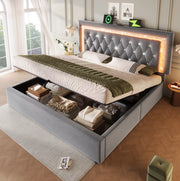 Letto matrimoniale 160x200 cm in velluto grigio con LED; USB Type-C; contenitore e materasso
