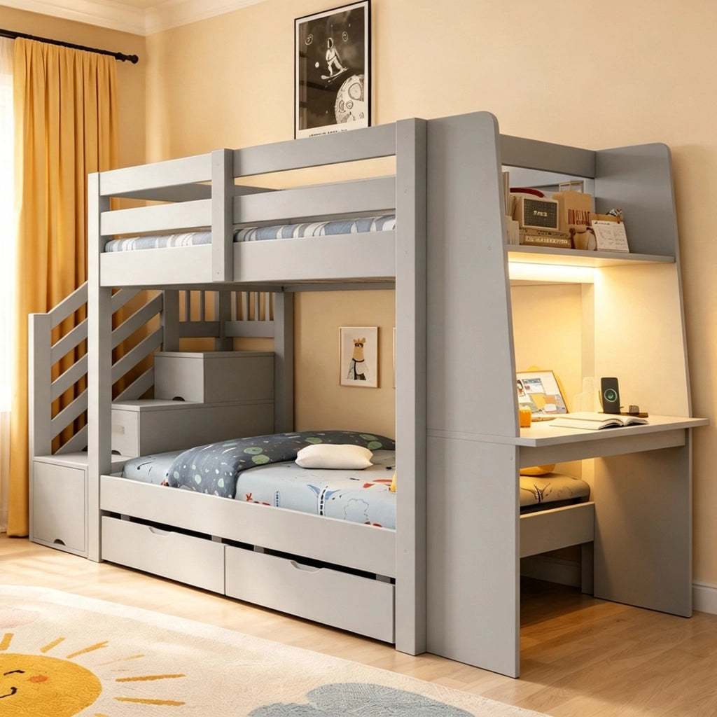 Letto a castello per bambini 90 x 200 cm con scrivania; libreria e LED; legno grigio