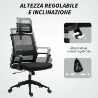 Sedia da Ufficio Ergonomica con Poggiatesta e Altezza Regolabili, Funzione Dondolo e Ruote, Nero