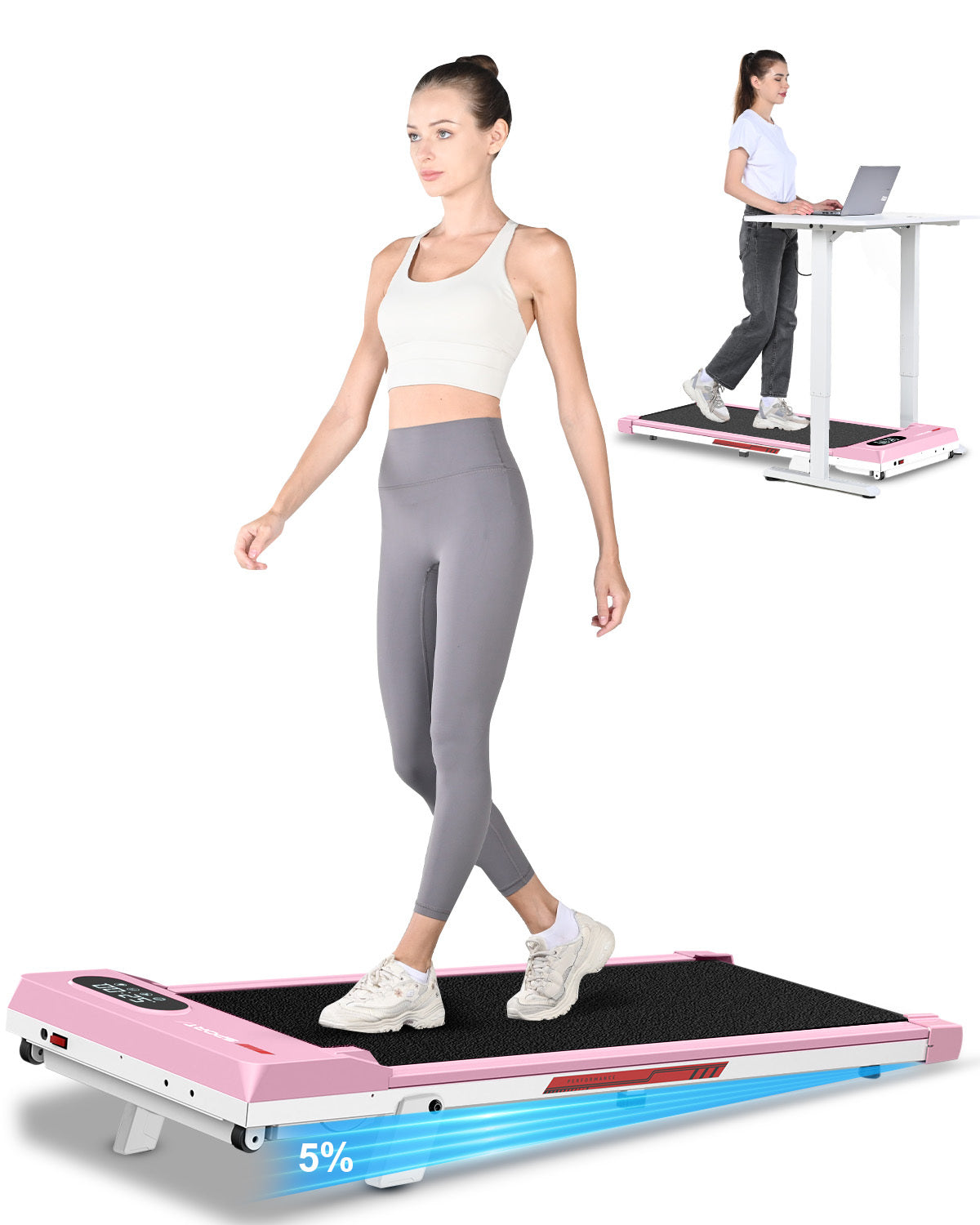 Tapis Roulant Elettrico con Inclinazione - RATTANTREE - 1-8 km/h Tapis Roulant Salvaspazio con Pendenza - 2 in 1 Walking Pad e Telecomando - Display a LED - Rosa