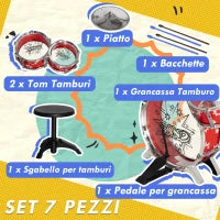 Batteria per Bambini 3-6 Anni a 7 Pezzi con Sgabello e Bacchette, in Plastica e Metallo, 72x29x56 cm, Rosso