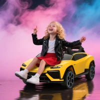 Auto elettrica per bambini 12V con telecomando 2,4 GHz, 2 motori, clacson, LED, musica, 101,5 x 49 x 43 cm, Giallo
