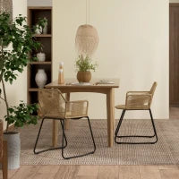 Set 2 Sedie da Pranzo Stile Boho da Interno in Rattan PE con Schienale Basso e Braccioli, Giallo