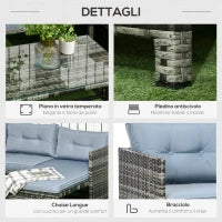 Salotto da Giardino con Divanetto, Chaise Longue e Tavolino in Rattan PE con Cuscini, Grigio