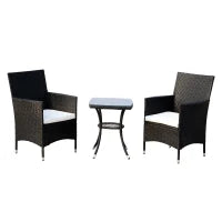 Set Mobili da Giardino in Rattan, Tavolo con 2 Poltroncine con Cuscini, Nero