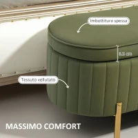 Panca Contenitore Ovale da 72L con Coperchio Sollevabile, in Tessuto Effetto Velluto e Legno, 108x44x43.5 cm, Verde