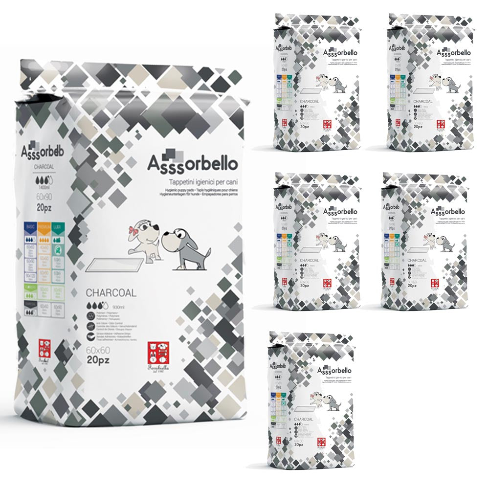 Multipack 6 confezioni assorbello tappetini igienici carbone attivo charcoal per cani 60x60