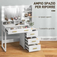 Tavolo da Trucco in Legno con 4 Cassetti, 6 Ripiani Aperti e Specchio, 100x40x138 cm, Bianco