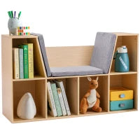 2-in-1 Scaffale per Bambini Scaffale + Panca con Cuscino 103 cm × 30 cm × 62 cm Bianco + Grigio